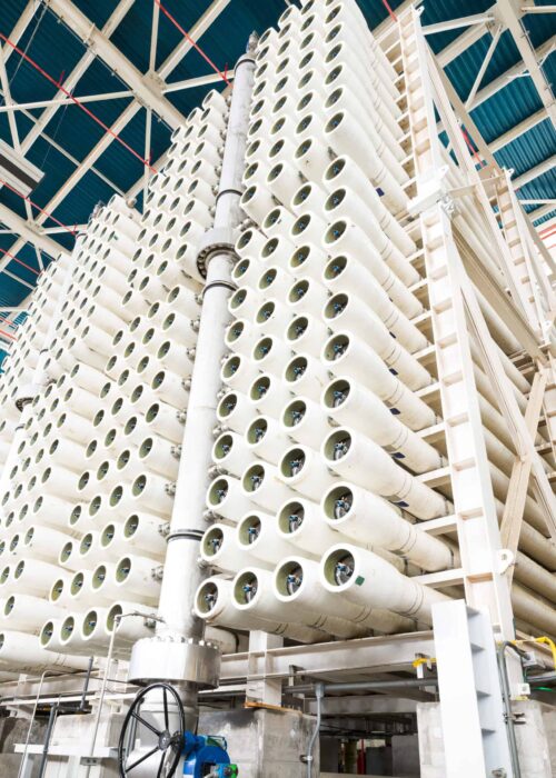 The reverse osmosis equipment in a desalination plant.